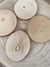 Cargar imagen en el visor de la galería, Collar oro concha mate de 10x8mm con cadena sencilla de 0,7mm bañada en oro y un largo de 37cm con extensión para poner a diferentes medidas.