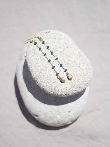 Pendientes 5cm largo con cadena de rosario verde azulado y detalle de lágrima facetada 8x5mm bañada en Oro mate.